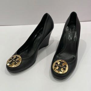 Tory Burch Sophie Wedge 6.5  Black Leather with Gold Logo.   Gently used.